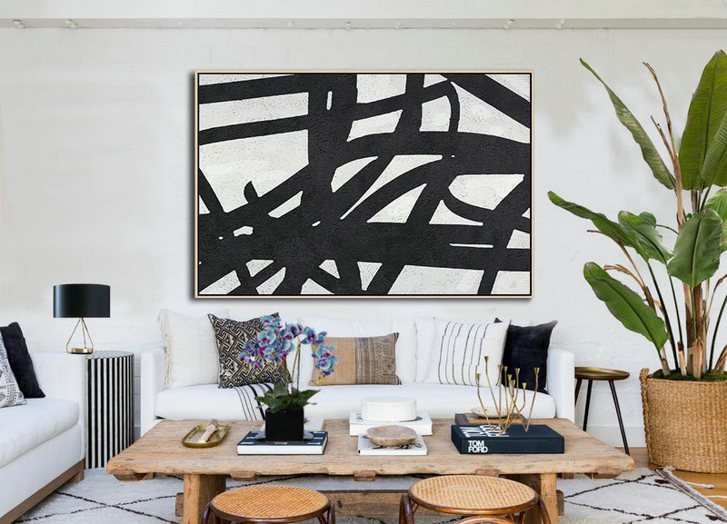 Big Canvas Painting,Hand Painted Oversized Horizontal Minimal Art On Canvas, Black And White Minimalist Painting - Art Work